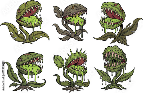 Set of zombie carnivorous plants with dripping slime, scary teeth, and decayed leaves, horror botanical monster vector illustration, fantasy toxic vegetation, Halloween art