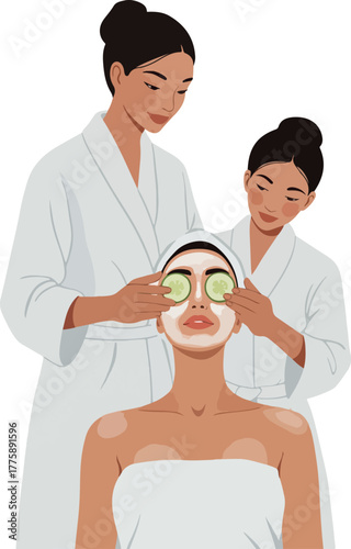 Spa Facial Treatment With Cucumber Eye Slices And White Robes