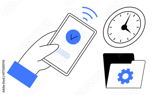 Hand holding smartphone with a checkmark signal, clock representing time management, and folder with gear for settings. Ideal for tech, productivity, time planning, digital tools, task organization