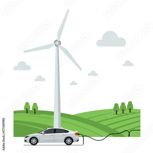 A vibrant 2D flat vector illustration shows a large modern wind turbine and a charging electric car in a rolling green field, symbolizing clean, sustainable renewable energy usage.