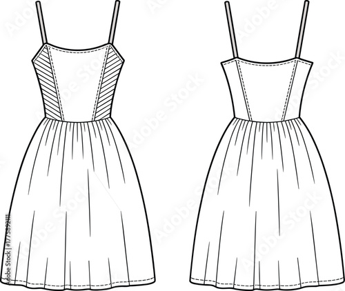 Printashion technical flat summer dress design with spaghetti straps, fitted bodice, gathered skirt, vector illustration, garment template, stylish clothing sketch