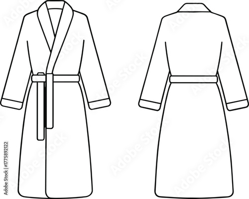 PrintBathrobe flat sketch, long sleeve robe design, belted dressing gown illustration, cozy nightwear fashion template, clothing technical drawing vector