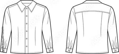 PrintClassic button up shirt sketch, women’s long sleeve blouse design, front and back fashion illustration, stylish apparel flat drawing template