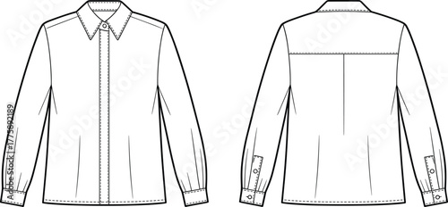 PrintClassic button-up shirt flat sketch, long sleeve blouse technical drawing, front and back view fashion design vector illustration template