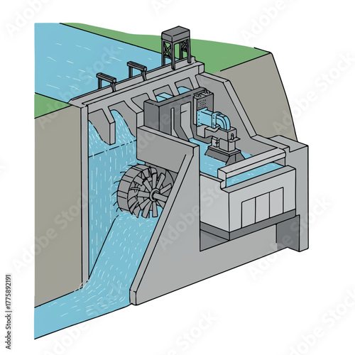 Detailed 2D flat vector cross-section diagram illustrating a modern hydroelectric power dam structure, showing flowing river water turning a turbine generator within the concrete facility.