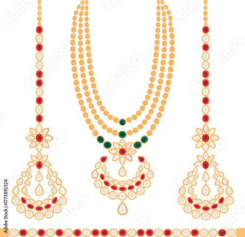 PrintElegant Indian gold jewelry set with red and green gemstones, traditional bridal necklace earrings and bracelet design, luxury ethnic accessory illustration