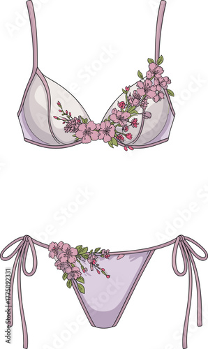 PrintElegant floral lingerie set illustration, delicate lace bra and panty design, feminine fashion underwear template, romantic intimate apparel vector