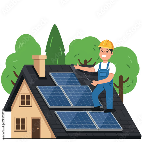 Smiling technician installing renewable solar panels on the rooftop of a suburban house, illustrated in a clean, vibrant 2D flat vector style.