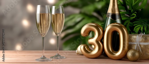 Celebration of 30th Birthday with Champagne Glasses, Golden Balloons, and Party Decor