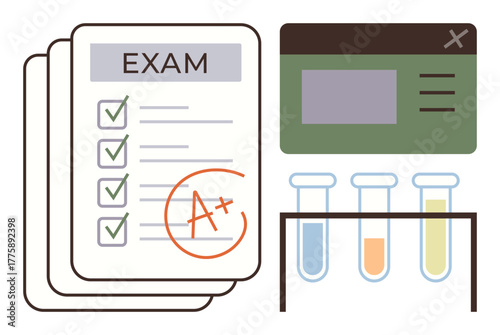 Graded exam paper with A, digital learning interface, test tubes. Ideal for education, science, success, evaluation, learning tools, academic performance simple flat metaphor