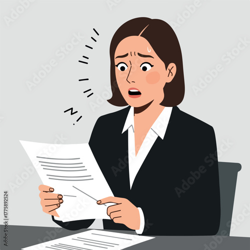 Stressed Business Woman In Black Suit Reading Document With Worry On Face
