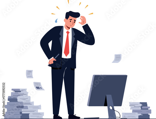 Stressed Businessman In Suit With Papers Pile Near Computer Flat Design