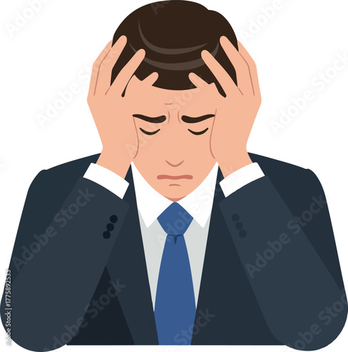 Stressed Businessman In Dark Suit Holds Head In Hands Feeling Overwhelmed