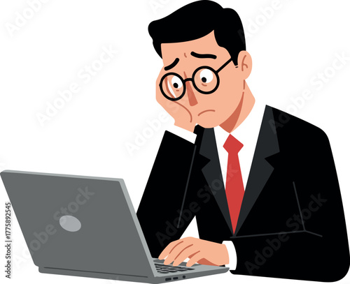 Stressed Businessman Working on Laptop Feeling Overwhelmed and Frustrated with Red Tie