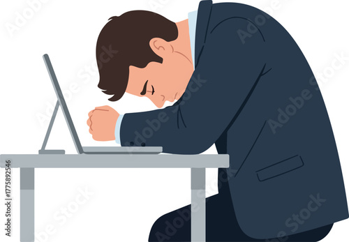 Stressed Businessman Sleeping on Desk with Laptop Blue Suit