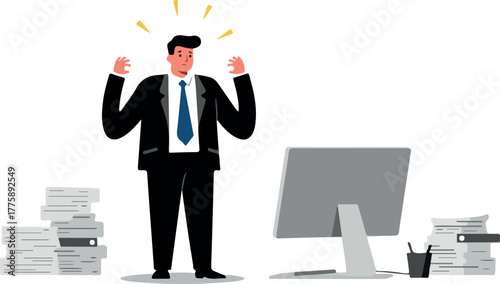 Stressed Businessman Working Overtime At Desk With Piles of Paperwork