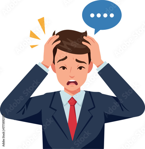 Stressed Businessman Holding Head In Frustration With Speech Bubble