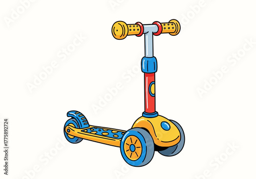 Cartoon Style Three-Wheel Scooter with Yellow Blue and Red Coloring.