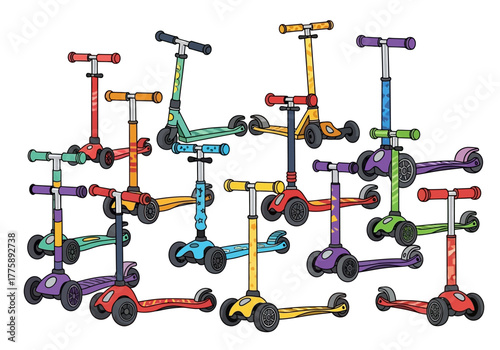 Collection of Colorful Three-Wheeled Scooters for Kids Various Designs and Patterns.