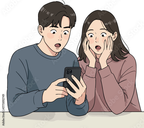 Surprised Couple Looking At Phone Together Flat Design Minimal Illustration