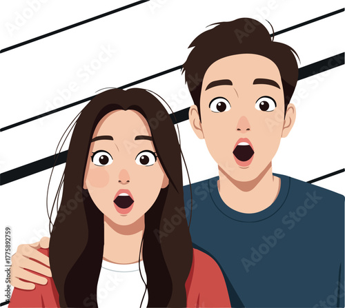 Surprised Couple Astonished Faces Open Mouths With Black Stripes Background Flat Design