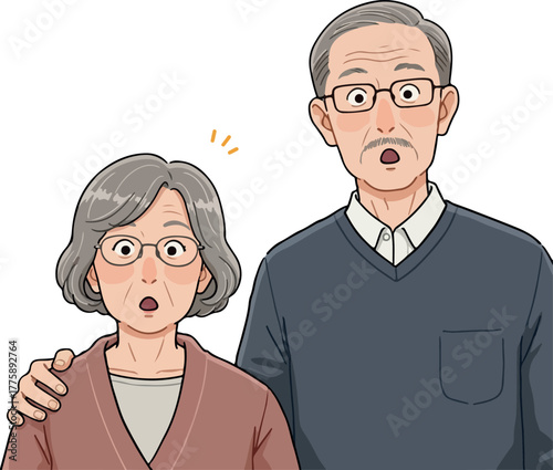 Surprised Elderly Couple With Glasses And Casual Outfits