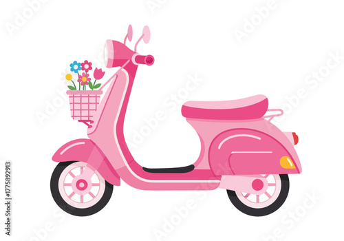 Pink Scooter with Flower Basket Cute Transportation Illustration.