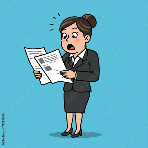 Surprised Woman In Suit Reads Shocking Document Flat Design Isolated On Blue