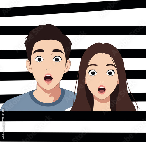Surprised Young Couple With Wide Eyes and Open Mouths on Striped Background Flat Design