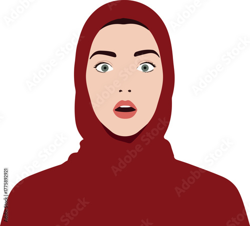 Surprised Woman Wearing Red Hijab Flat Design Vector Illustration