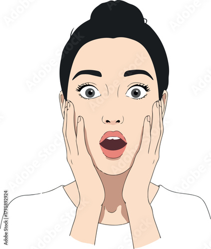 Surprised Woman Face With Wide Eyes Hands On Cheeks White Background