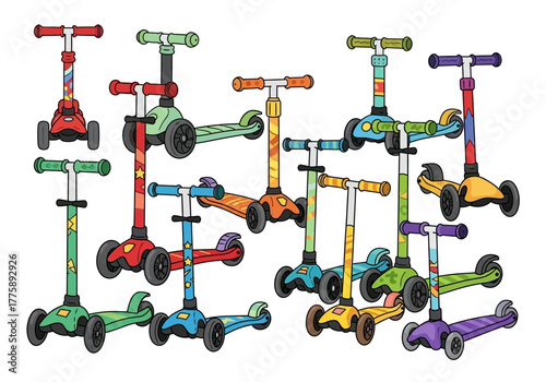 Collection of Colorful Childrens Scooters with Three Wheels.