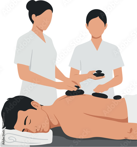 Therapists Performing Hot Stone Massage on Man Flat Design Vector