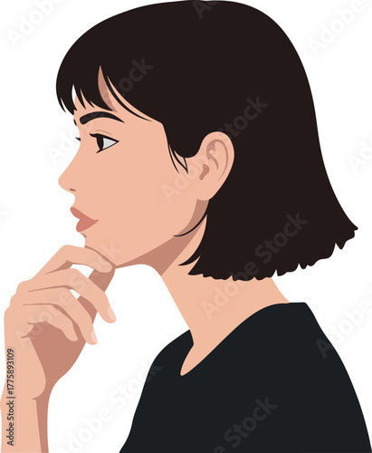 Thoughtful Woman Profile Pixel Art Black T-shirt Isolated