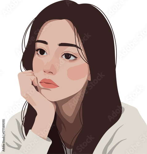 Thoughtful Woman Vector Portrait Soft Lighting Minimalist Flat Design