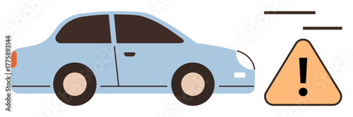 Blue car parked beside an orange warning sign with exclamation mark. Ideal for driving safety, hazard awareness, road caution, auto repair, insurance concerns, transportation, and traffic management