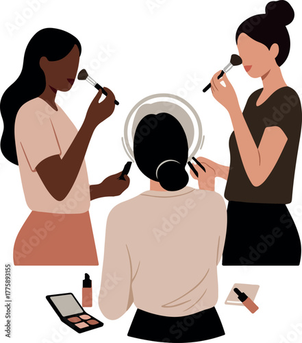 Three Diverse Women Applying Makeup with Brushes and Palettes Flat Design