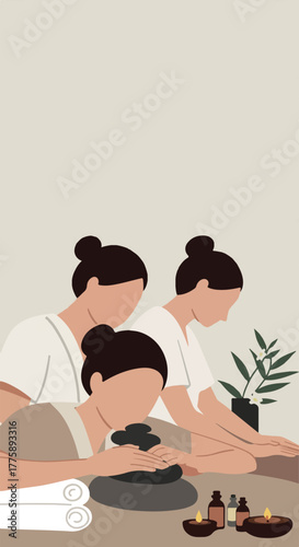 Three Women Enjoying Hot Stone Massage and Aromatherapy Spa Treatment