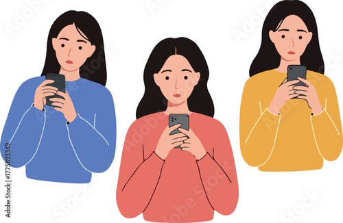 Three Women Scrolling Phones Flat Design Minimal Illustration Isolated