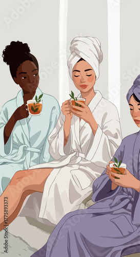 Three Women Spa Relaxation with Tea and Towels