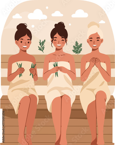 Three Women Relaxing in a Cozy Sauna with Towels and Branches