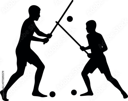 Two Boys Silhouettes Sparring with Sticks Outdoors Vector