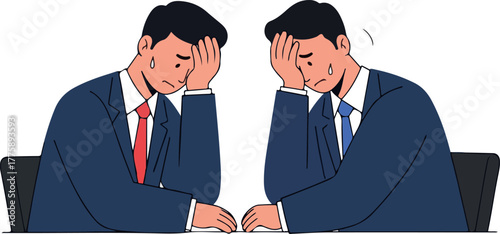 Two businessmen distressed in dark suits showing stress and despair