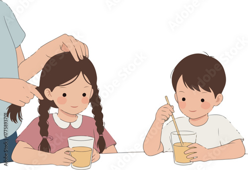 Two Children Enjoying Honey Drinks With Parent's Care Flat Design