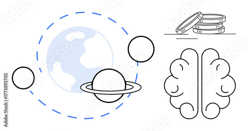 Planet with orbit, Saturn, Earth, and abstract brain placed next to stacked coins. Ideal for innovation, exploration, education, space finance creativity and knowledge concepts. Simple flat