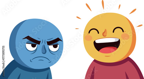 Two Diverse People Expressing Contrasting Emotions Happy Joyful Face Versus Angry Grumpy Expression