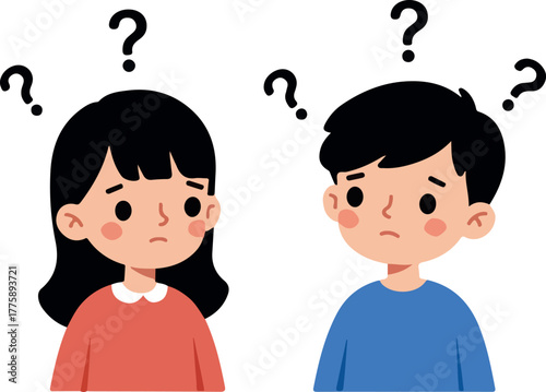 Two Children Looking Confused with Question Marks Overhead Flat Design Vector Illustration