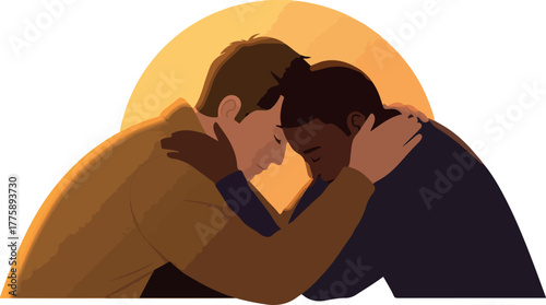 Two Diverse Men Hugging Warmly With Golden Sun Halo