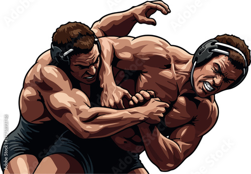 Two Male Wrestlers Grappling Intense Match Isolated White Background
