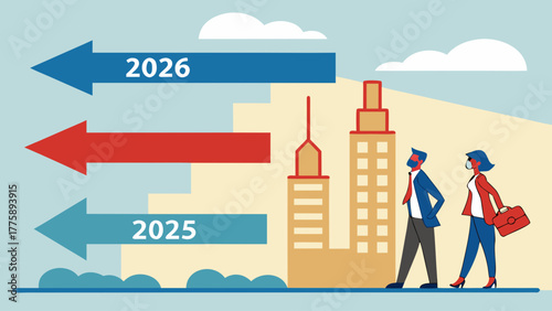 Business people walking towards buildings with arrows indicating years two thousand twenty five and six